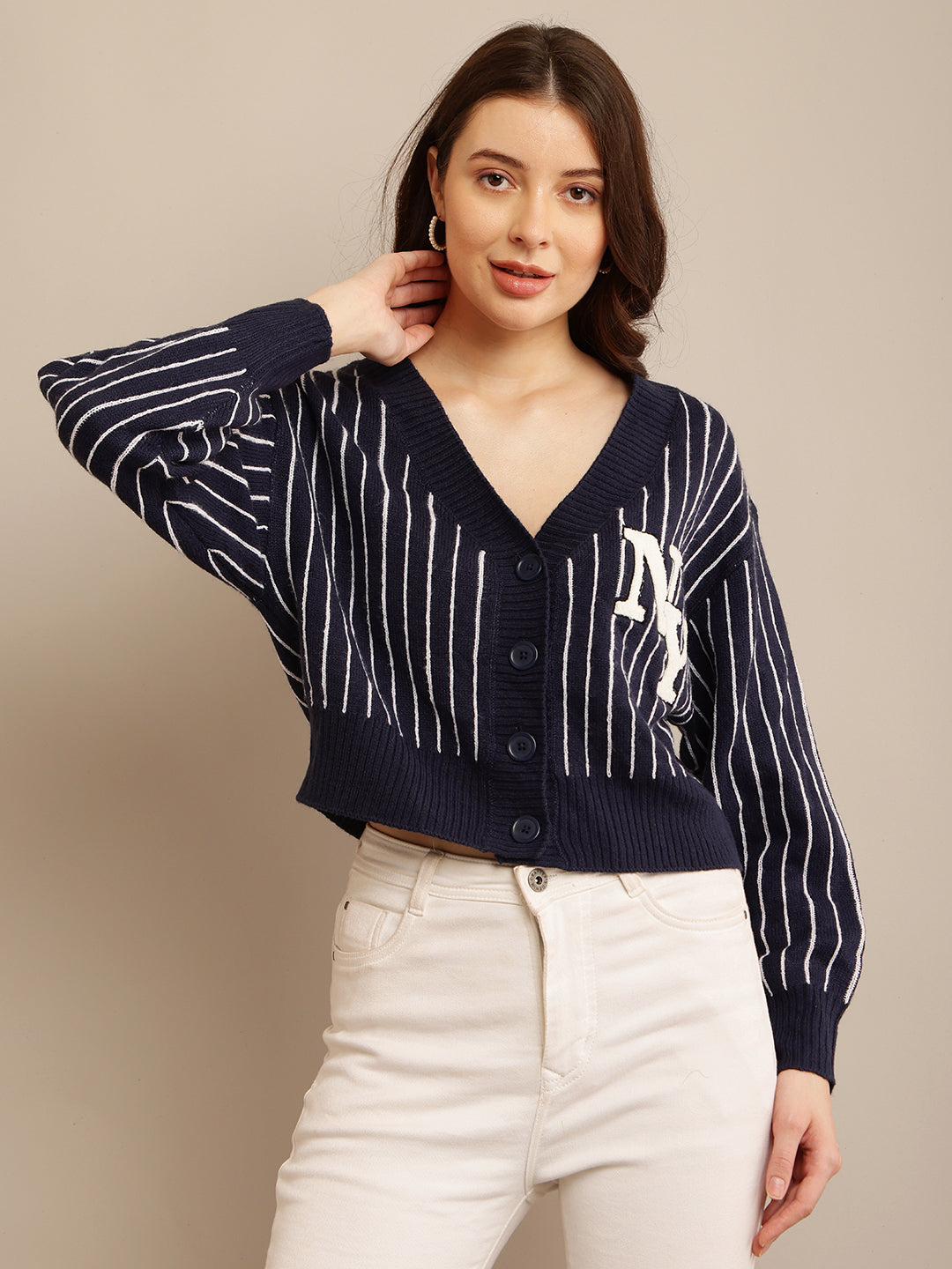 Dark Blue Striped Cardigan with Acrylic Full Sleeves and V-Neck