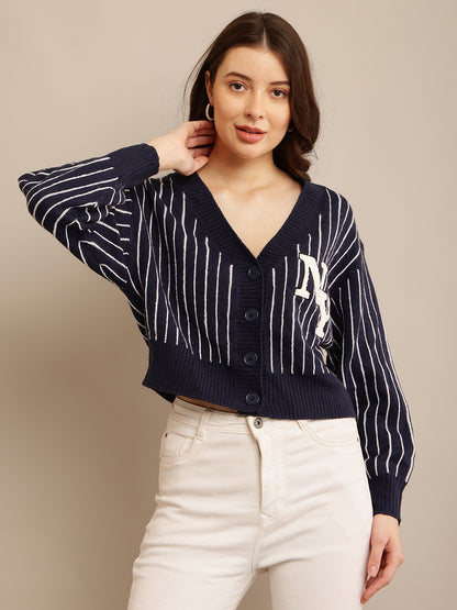 Dark Blue Striped Cardigan with Acrylic Full Sleeves and V-Neck