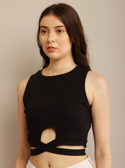 Black Sleeveless Crop Top with Maximum Stretch Cotton and Round Neck for Summer