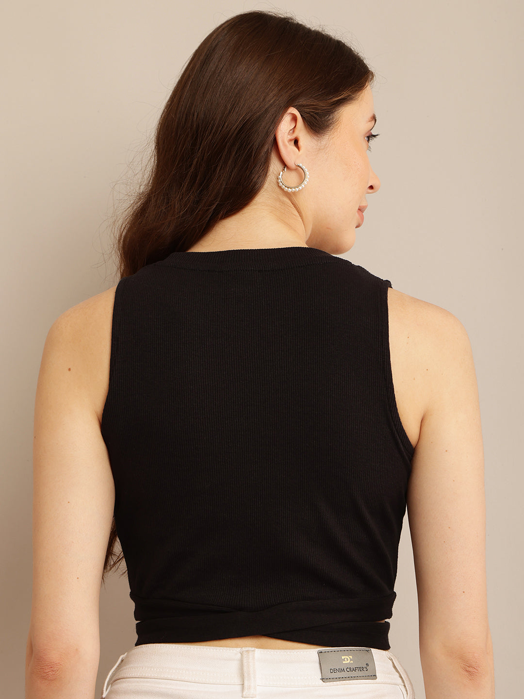 Black Sleeveless Crop Top with Maximum Stretch Cotton and Round Neck for Summer