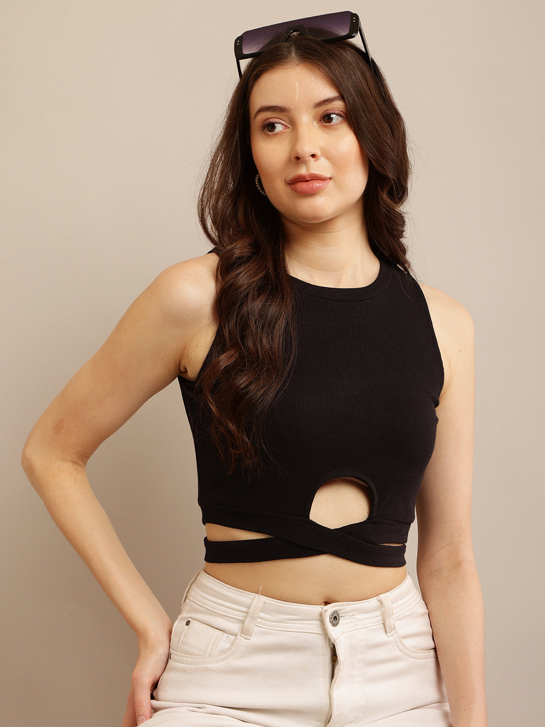 Black Sleeveless Crop Top with Maximum Stretch Cotton and Round Neck for Summer
