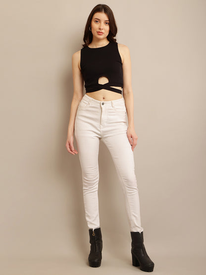 Black Sleeveless Crop Top with Maximum Stretch Cotton and Round Neck for Summer