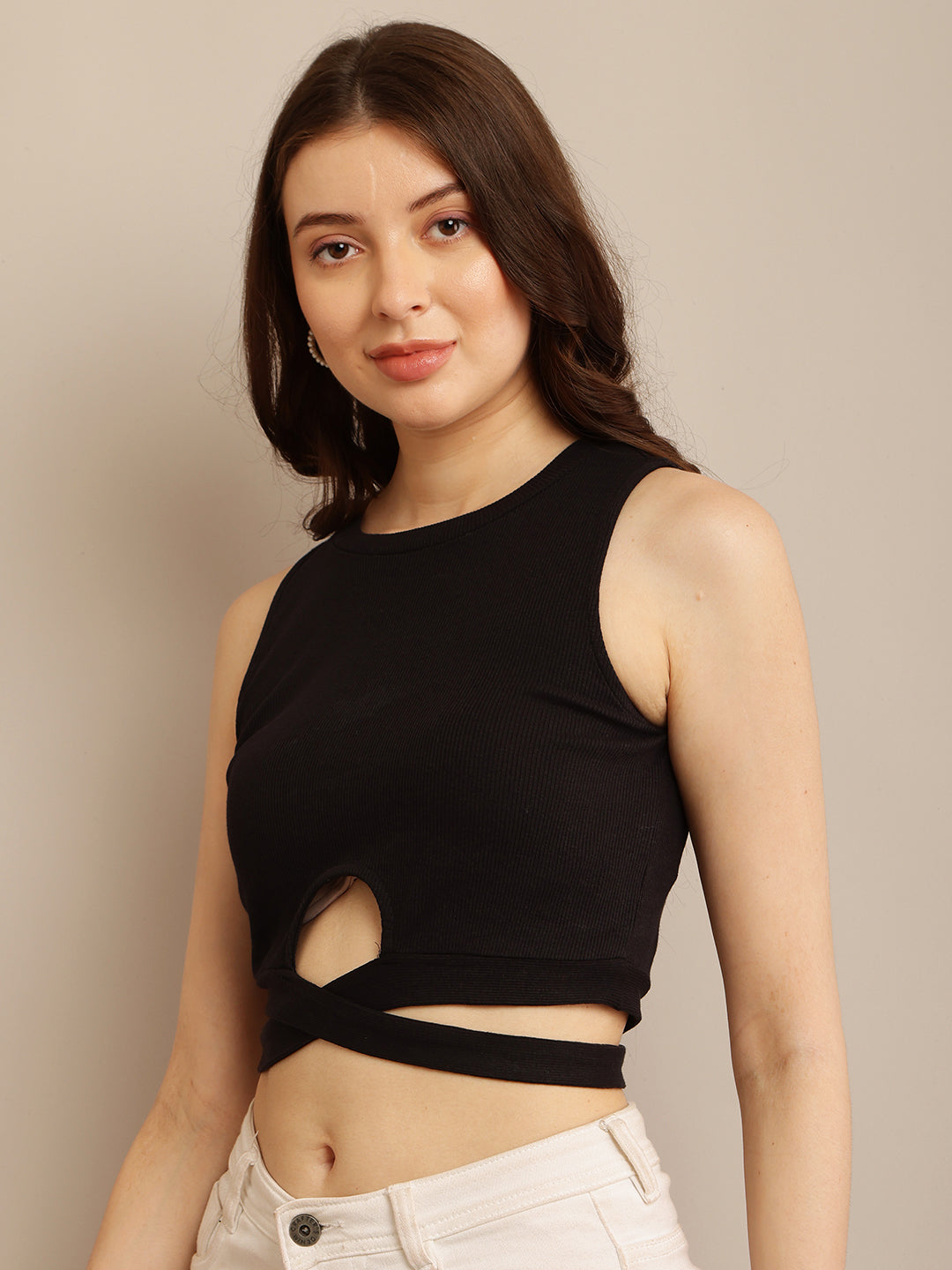 Black Sleeveless Crop Top with Maximum Stretch Cotton and Round Neck for Summer
