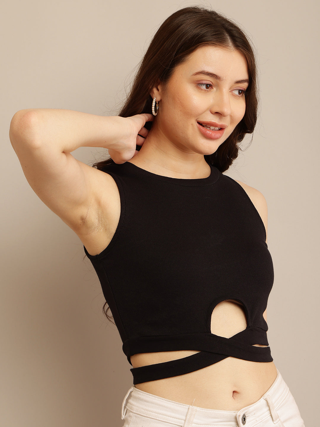 Black Sleeveless Crop Top with Maximum Stretch Cotton and Round Neck for Summer