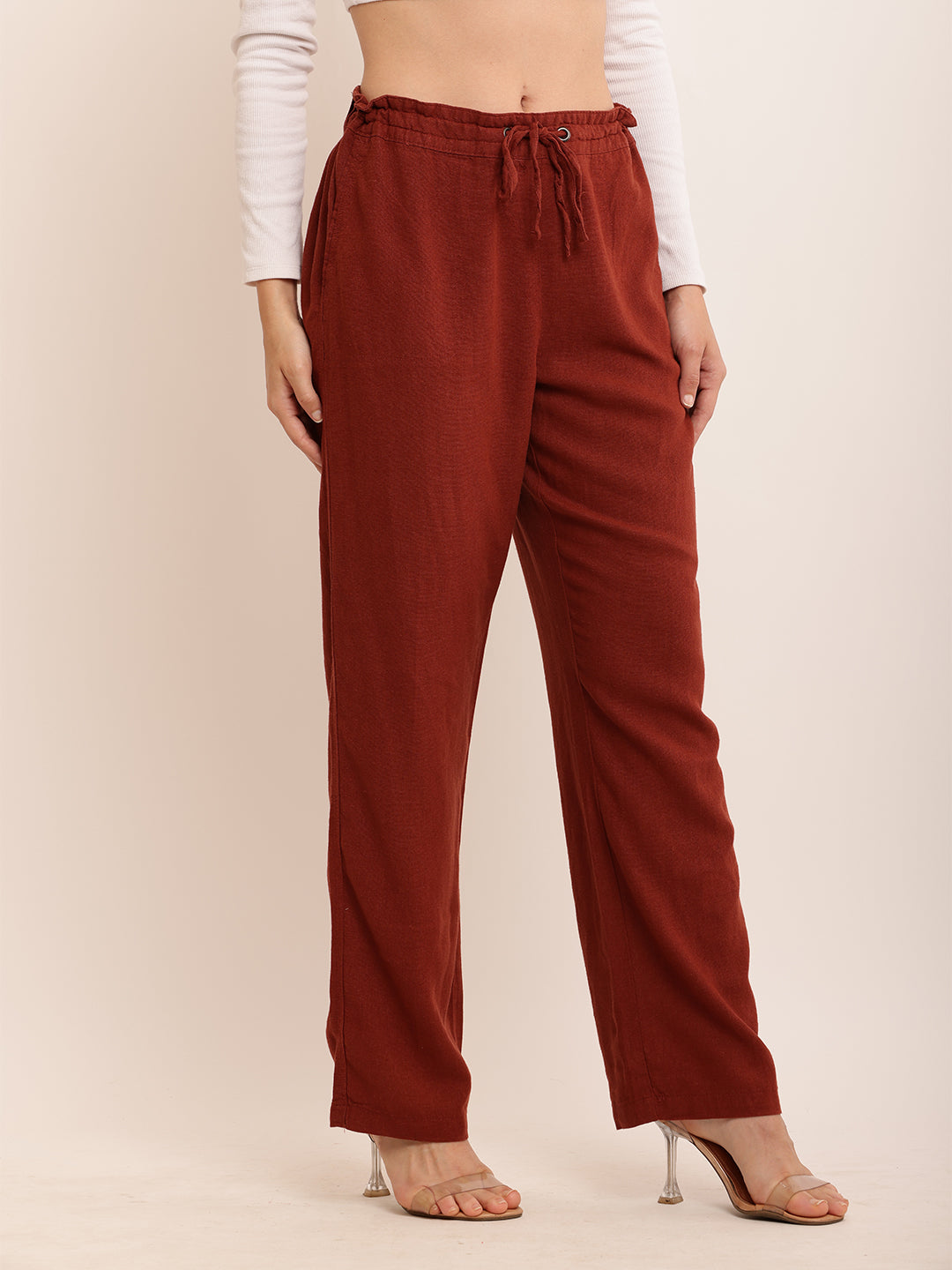 Linen with Drawstring Waist Brown Trouser Pant