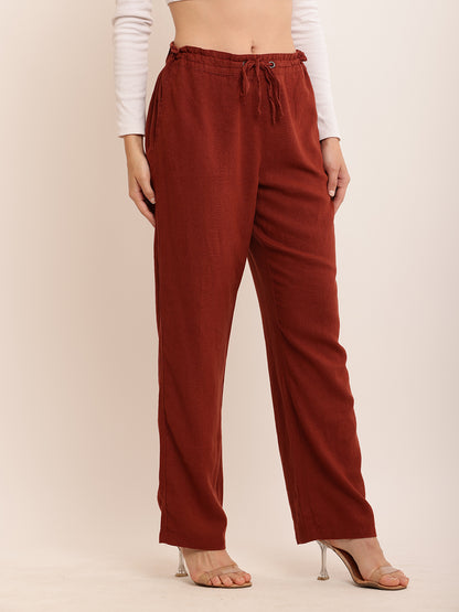 Linen with Drawstring Waist Brown Trouser Pant