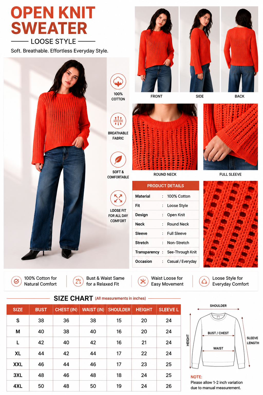 100% Cotton Open Knit Sweater | Round Neck | Full Sleeve | Loose Fit Casual Pullover- Orange