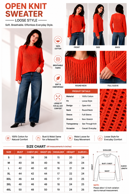 100% Cotton Open Knit Sweater | Round Neck | Full Sleeve | Loose Fit Casual Pullover- Orange