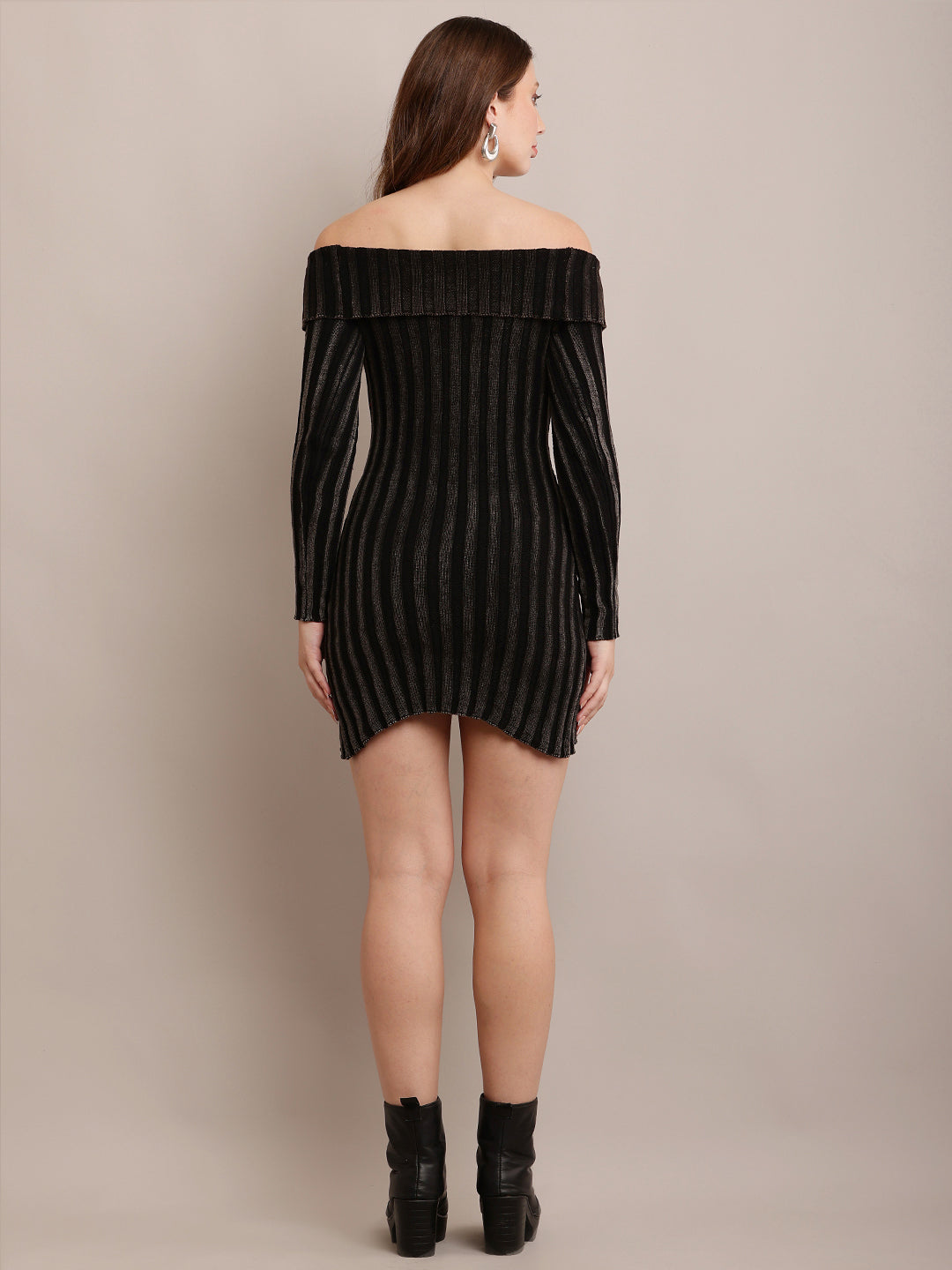 Polyester Off-shoulder rib-Knit Mini Black BodyCon Dress