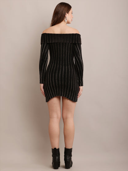Polyester Off-shoulder rib-Knit Mini Black BodyCon Dress
