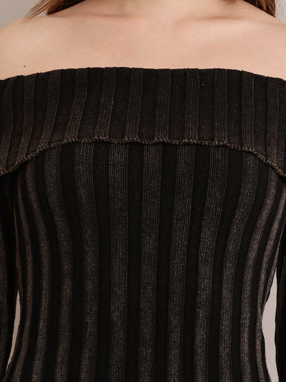 Polyester Off-shoulder rib-Knit Mini Black BodyCon Dress