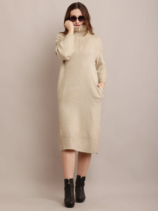 Acrylic shirt Collar Sweater Dress Zip Detail Drop Shoulder Beige