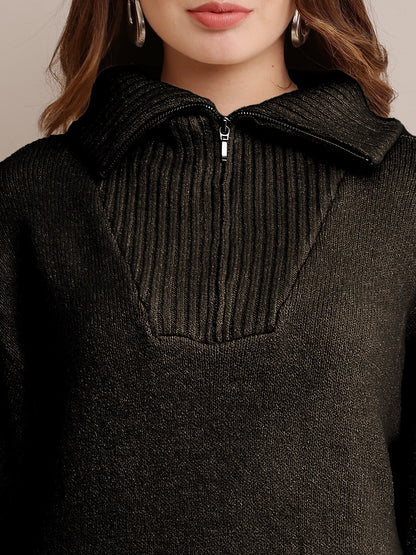 Acrylic shirt Collar Sweater Dress Zip Detail Drop Shoulder Black