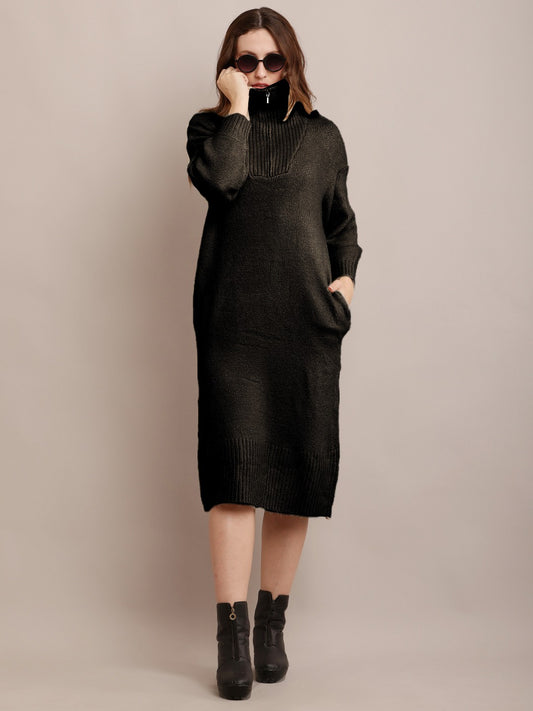 Acrylic shirt Collar Sweater Dress Zip Detail Drop Shoulder Black