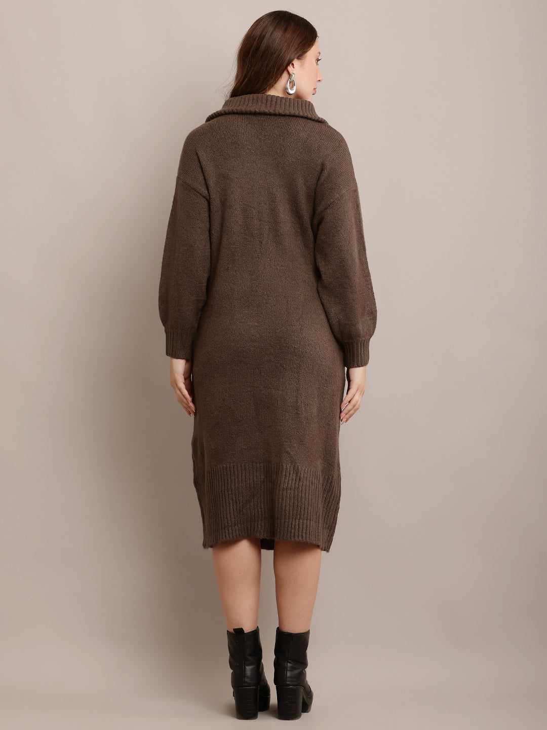 Acrylic shirt Collar Sweater Dress Zip Detail Drop Shoulder Grey