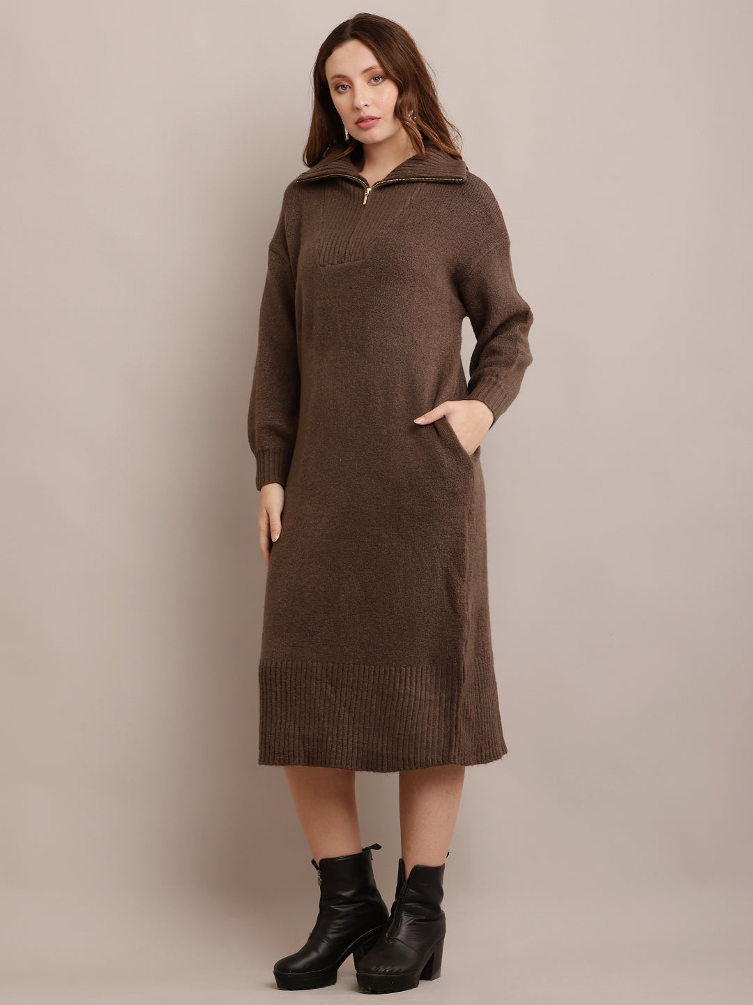Acrylic shirt Collar Sweater Dress Zip Detail Drop Shoulder Grey