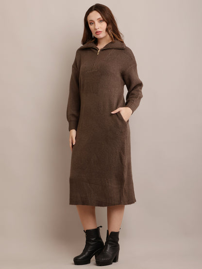 Acrylic shirt Collar Sweater Dress Zip Detail Drop Shoulder Grey