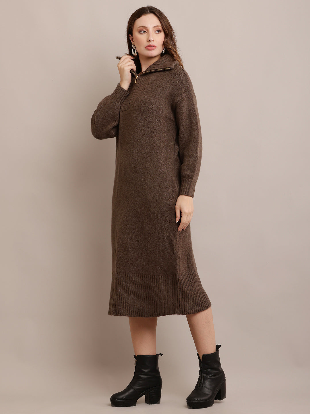 Acrylic shirt Collar Sweater Dress Zip Detail Drop Shoulder Grey