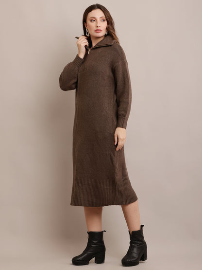 Acrylic shirt Collar Sweater Dress Zip Detail Drop Shoulder Grey