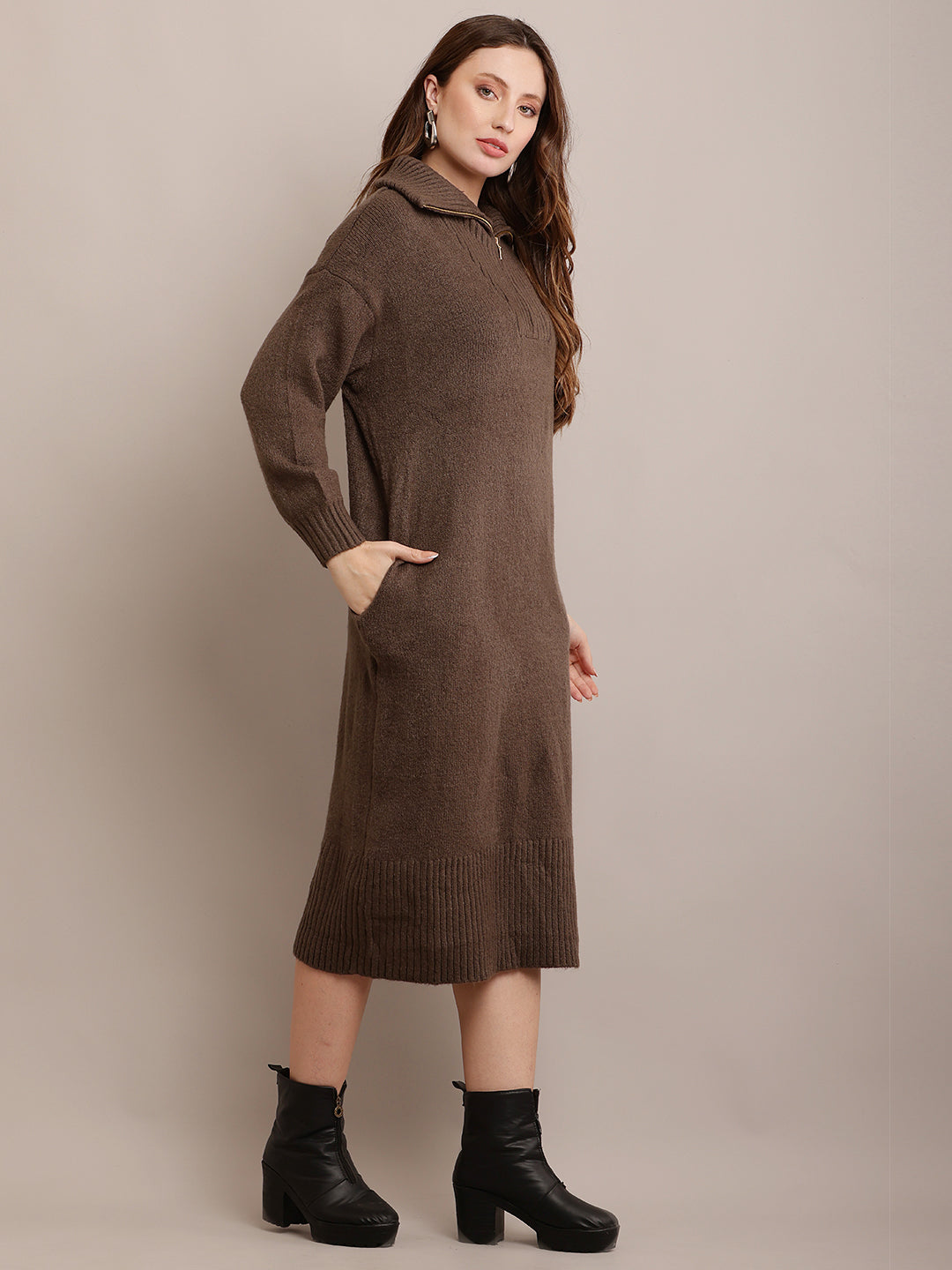 Acrylic shirt Collar Sweater Dress Zip Detail Drop Shoulder Grey