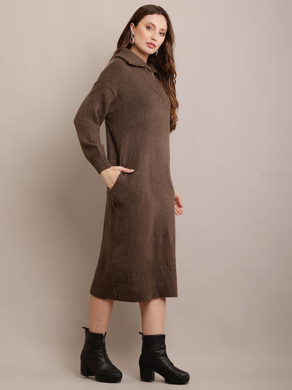 Acrylic shirt Collar Sweater Dress Zip Detail Drop Shoulder Grey