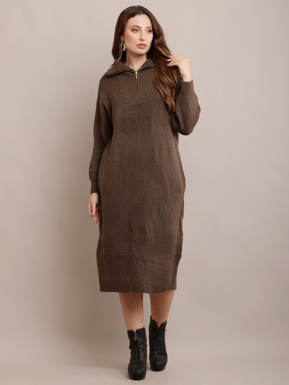 Acrylic shirt Collar Sweater Dress Zip Detail Drop Shoulder Grey