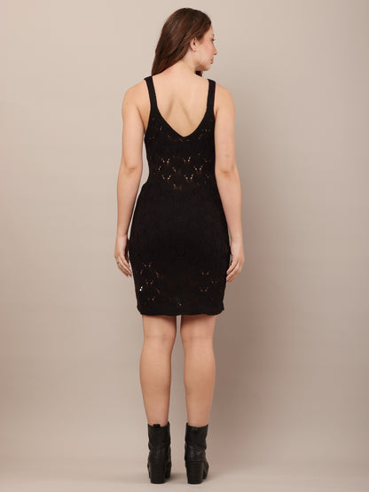 Cotton Sleeveless with V-neck Bodycon crochets Black Dress