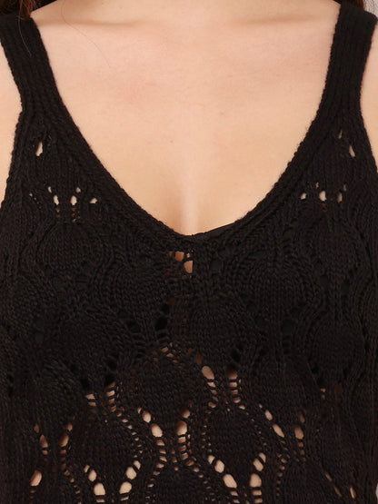 Cotton Sleeveless with V-neck Bodycon crochets Black Dress