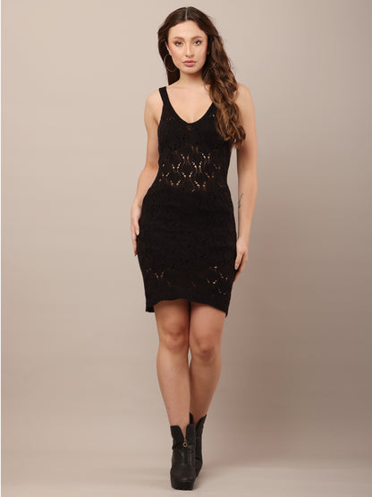 Cotton Sleeveless with V-neck Bodycon crochets Black Dress