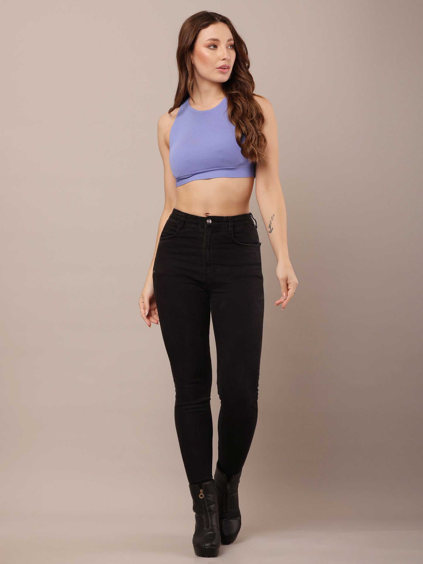 Polyamide Round Neck with sleeveless ribbed blue fitted crop Top