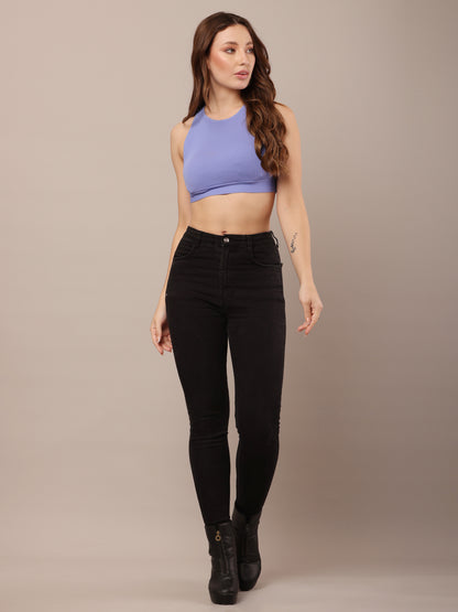 Polyamide Round Neck with sleeveless ribbed blue fitted crop Top