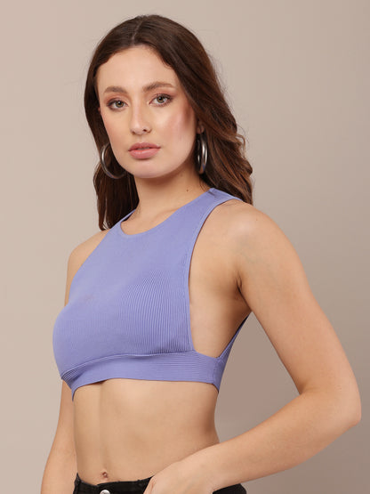 Polyamide Round Neck with sleeveless ribbed blue fitted crop Top