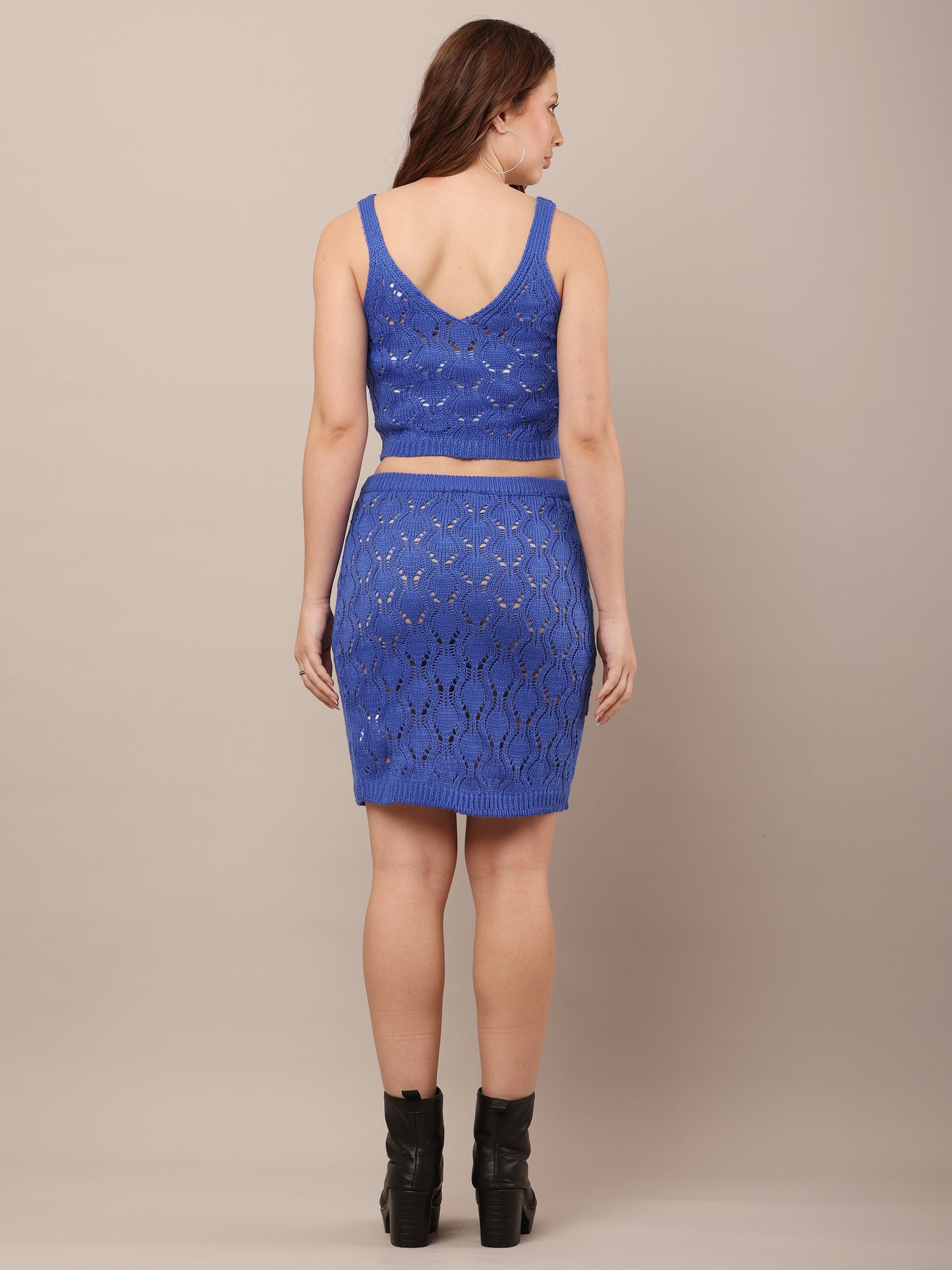 Cotton Sleeveless with V-Neck top and mini skirt Crochet Blue Co-Ord Set