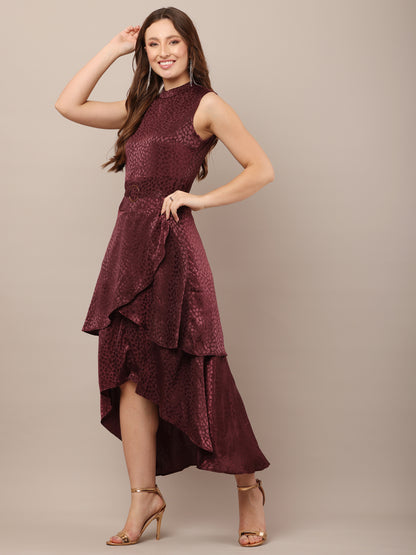 Polyester Crew Neck with Sleeveless Asymmetric high-Low Wine Dress