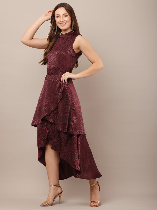 Polyester Crew Neck with Sleeveless Asymmetric high-Low Wine Dress