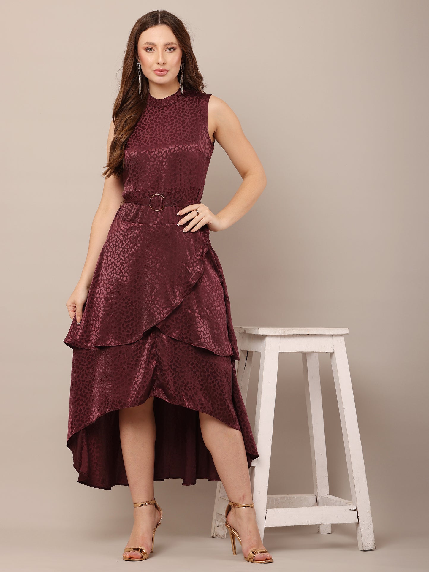 Polyester Crew Neck with Sleeveless Asymmetric high-Low Wine Dress