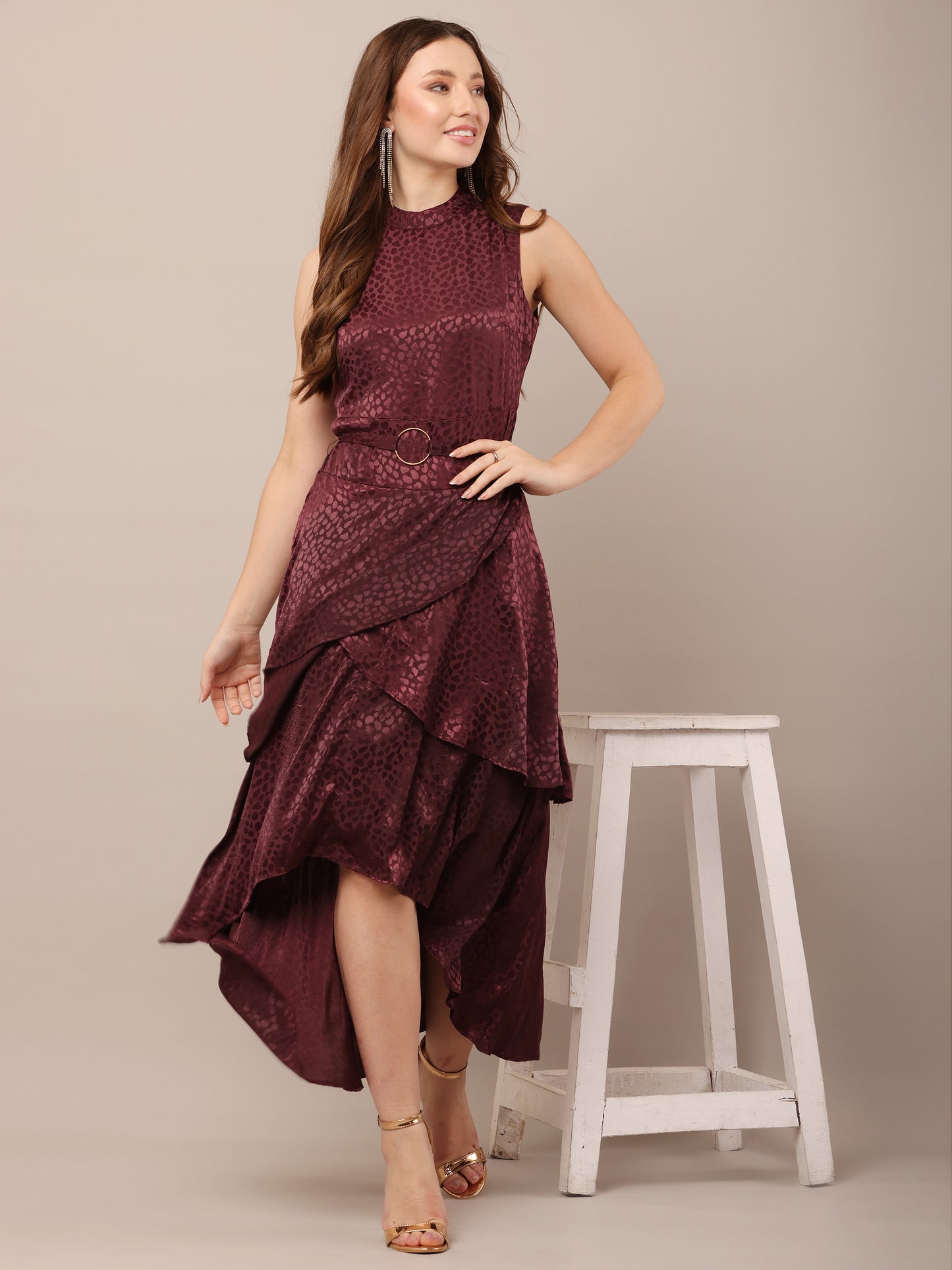 Polyester Crew Neck with Sleeveless Asymmetric high-Low Wine Dress