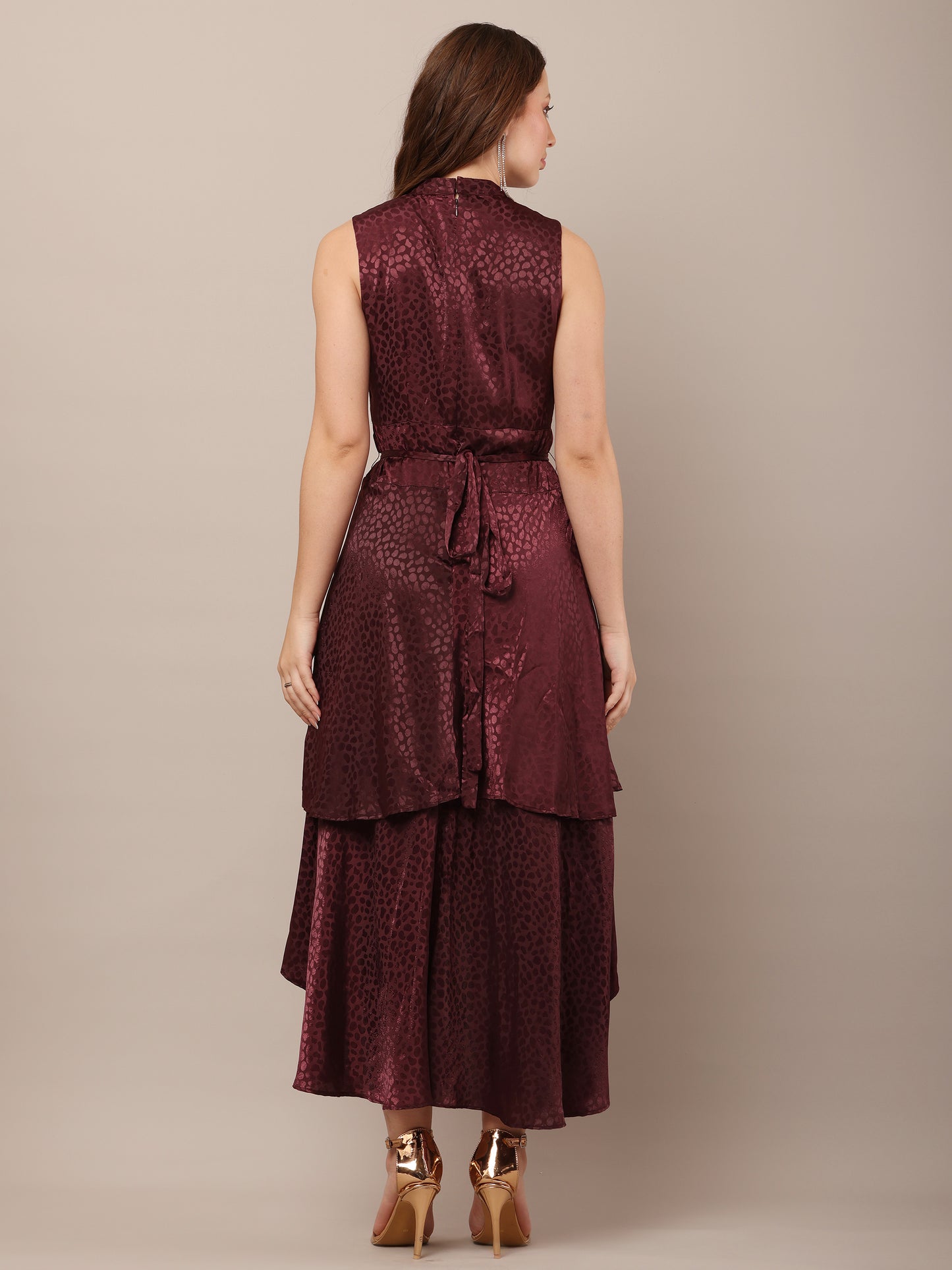 Polyester Crew Neck with Sleeveless Asymmetric high-Low Wine Dress