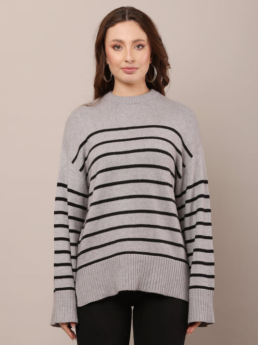 Viscose Round Neck with Full Sleeve dropped shoulders Rib-Knit Grey Sweater