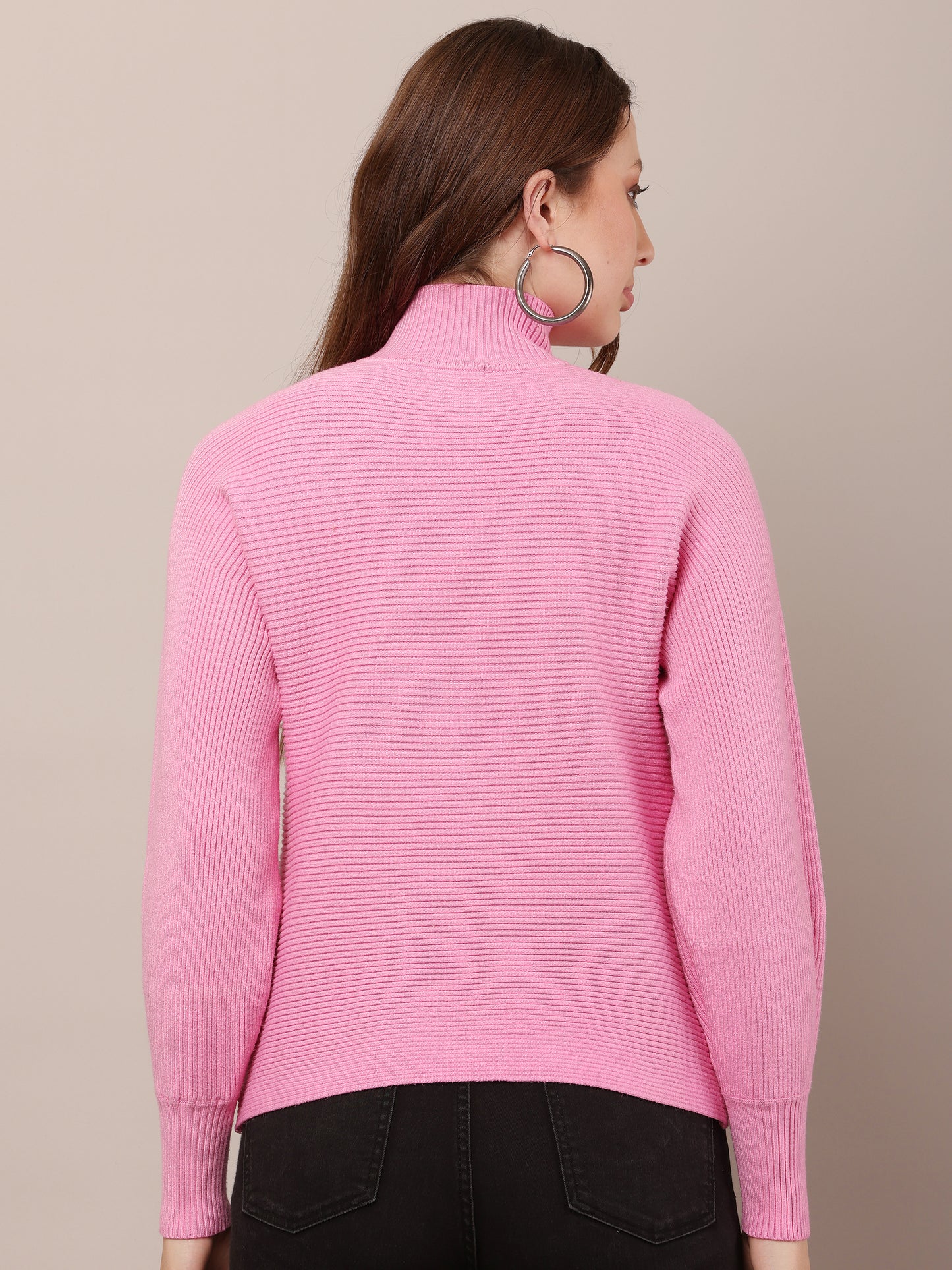 Acrylic Drop-Shoulder with full sleeve high neck pink sweater