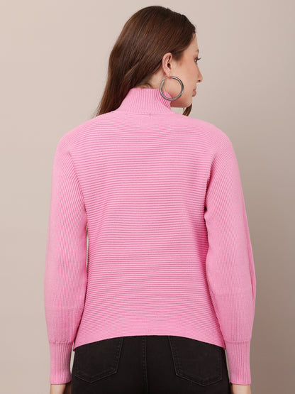 Acrylic Drop-Shoulder with full sleeve high neck pink sweater