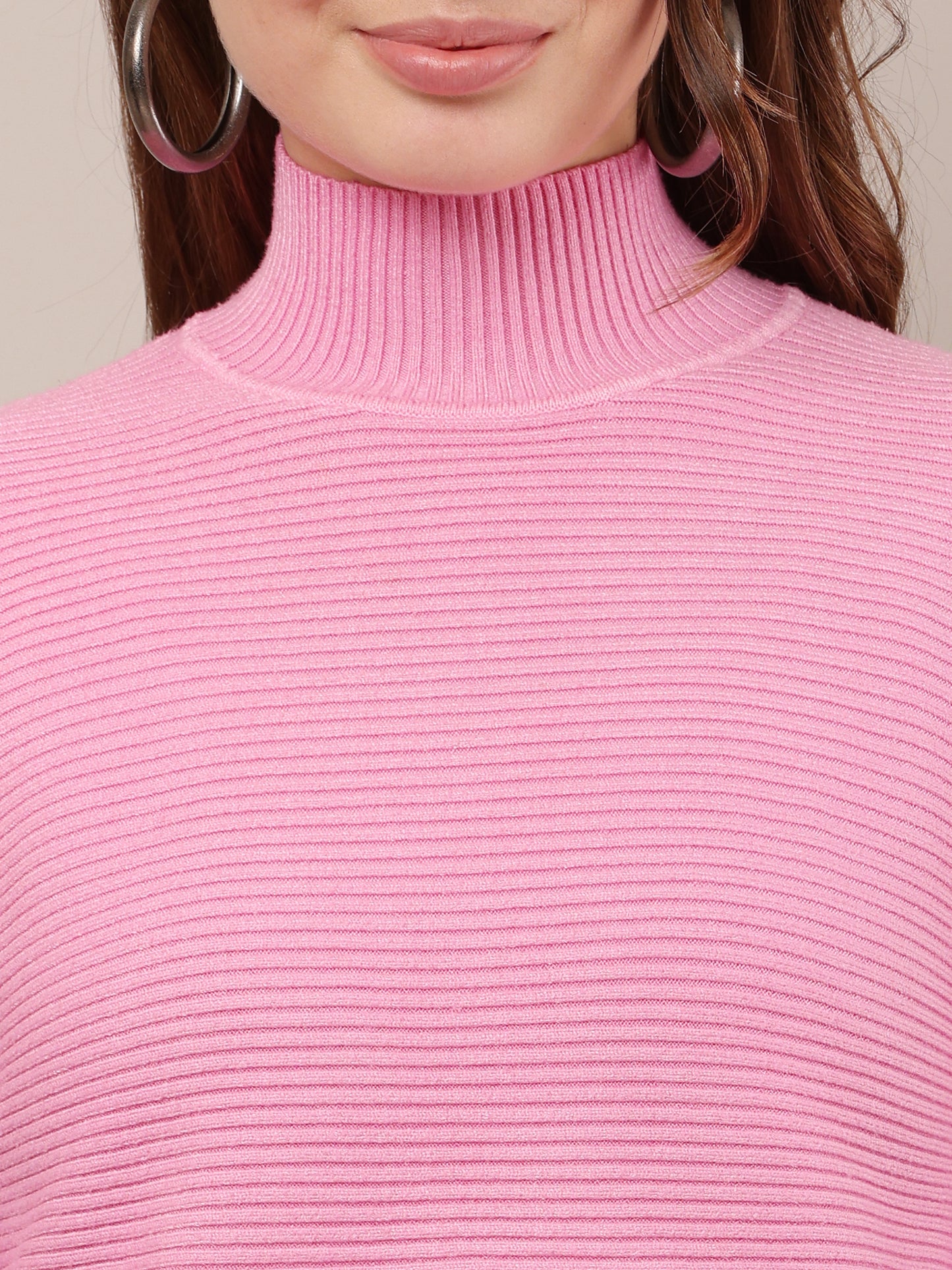 Acrylic Drop-Shoulder with full sleeve high neck pink sweater
