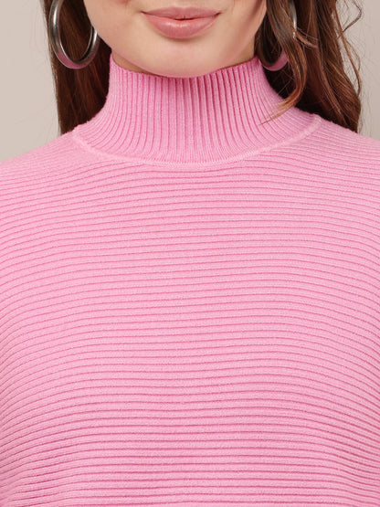 Acrylic Drop-Shoulder with full sleeve high neck pink sweater