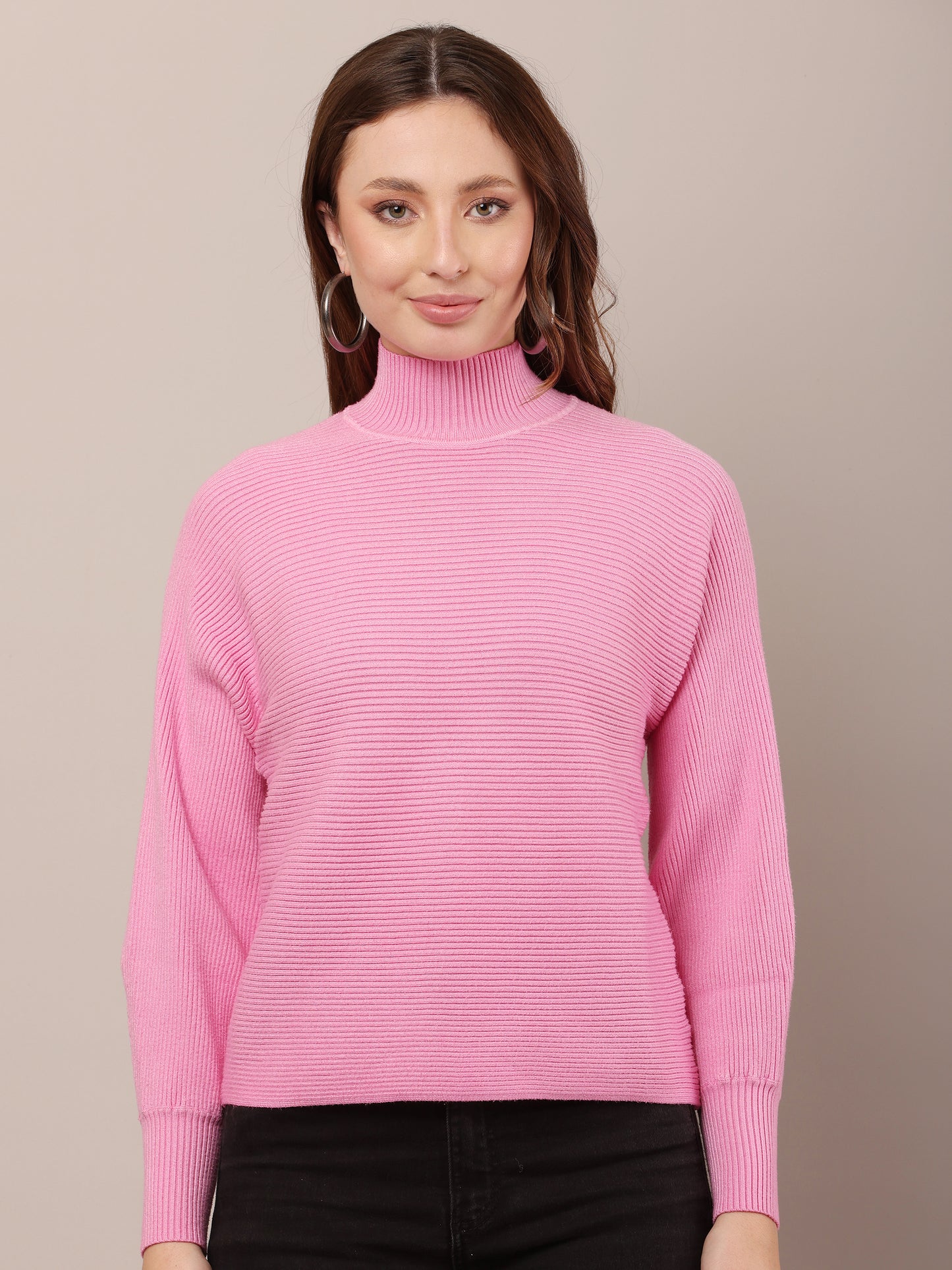 Acrylic Drop-Shoulder with full sleeve high neck pink sweater