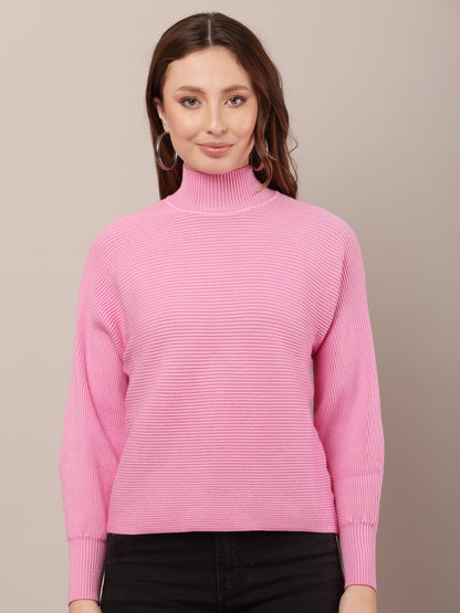 Acrylic Drop-Shoulder with full sleeve high neck pink sweater
