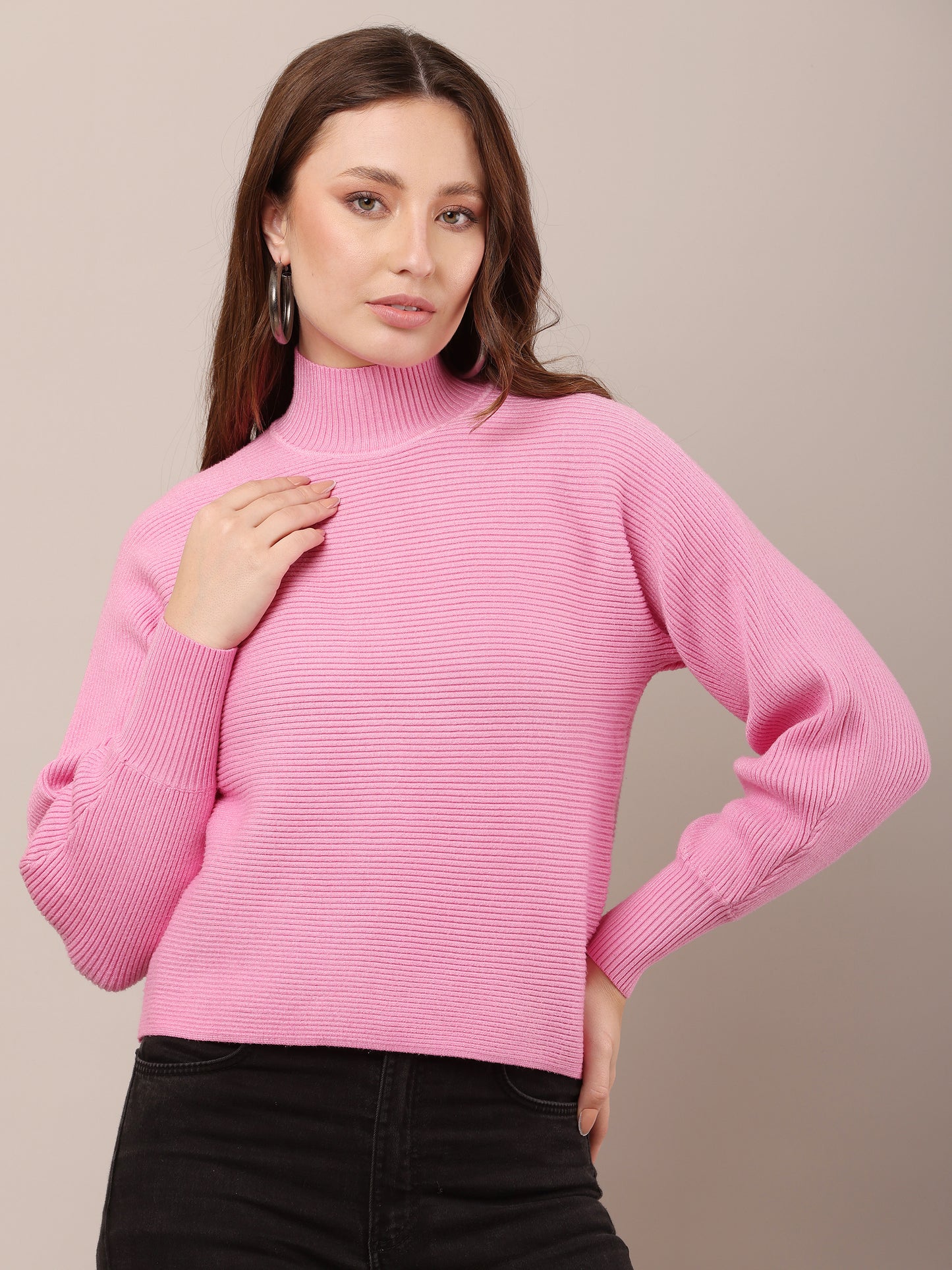 Acrylic Drop-Shoulder with full sleeve high neck pink sweater