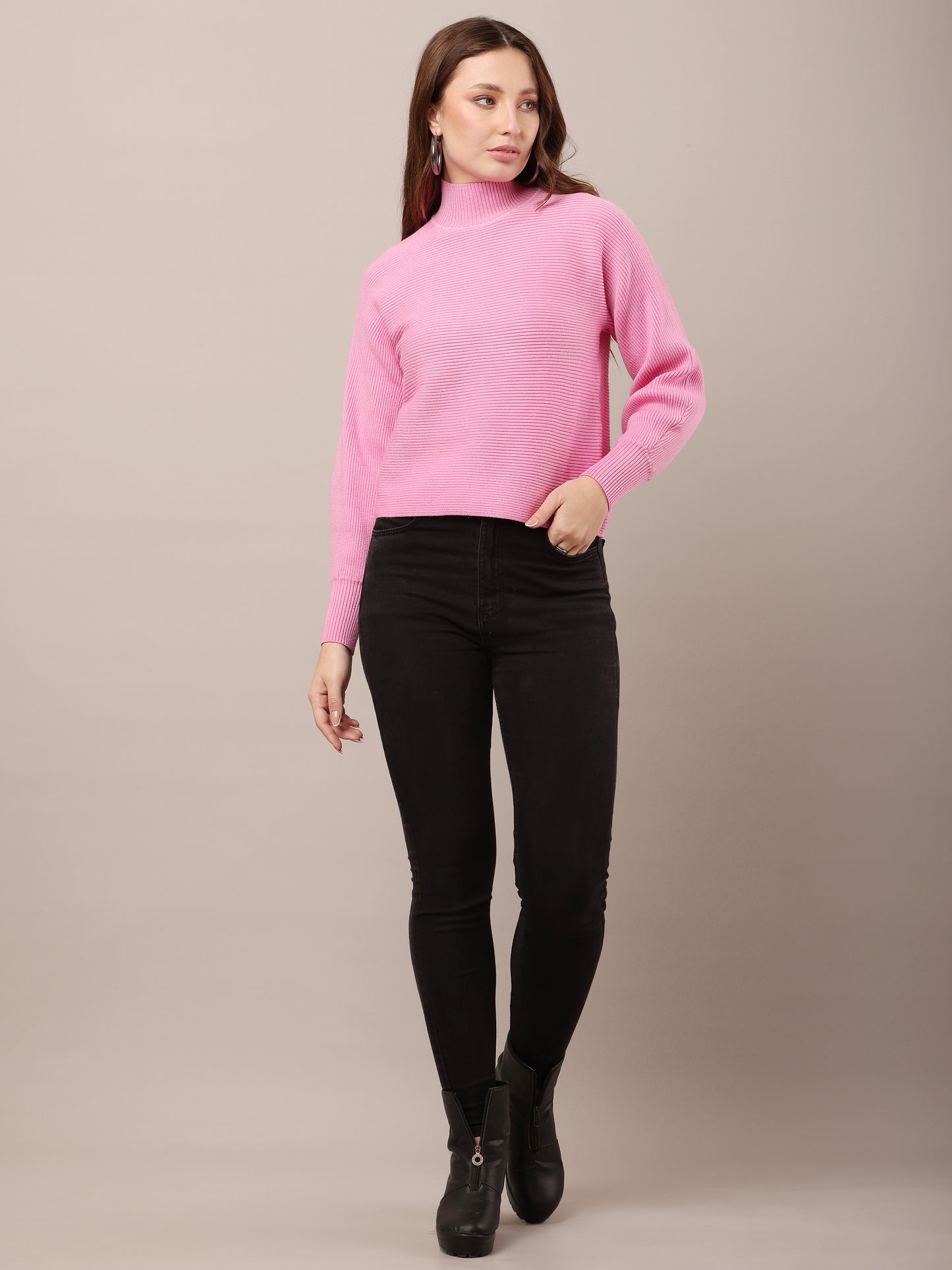 Acrylic Drop-Shoulder with full sleeve high neck pink sweater