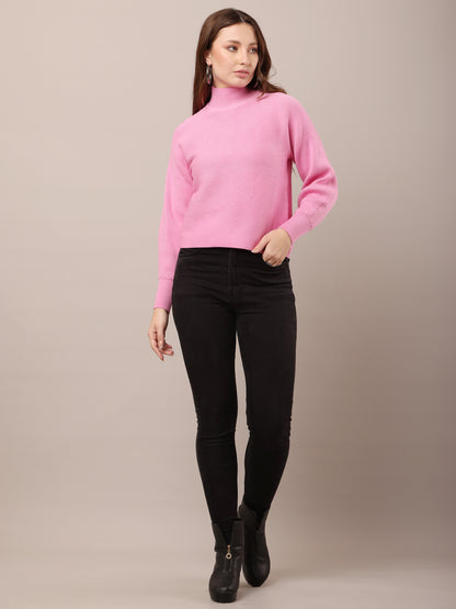 Acrylic Drop-Shoulder with full sleeve high neck pink sweater