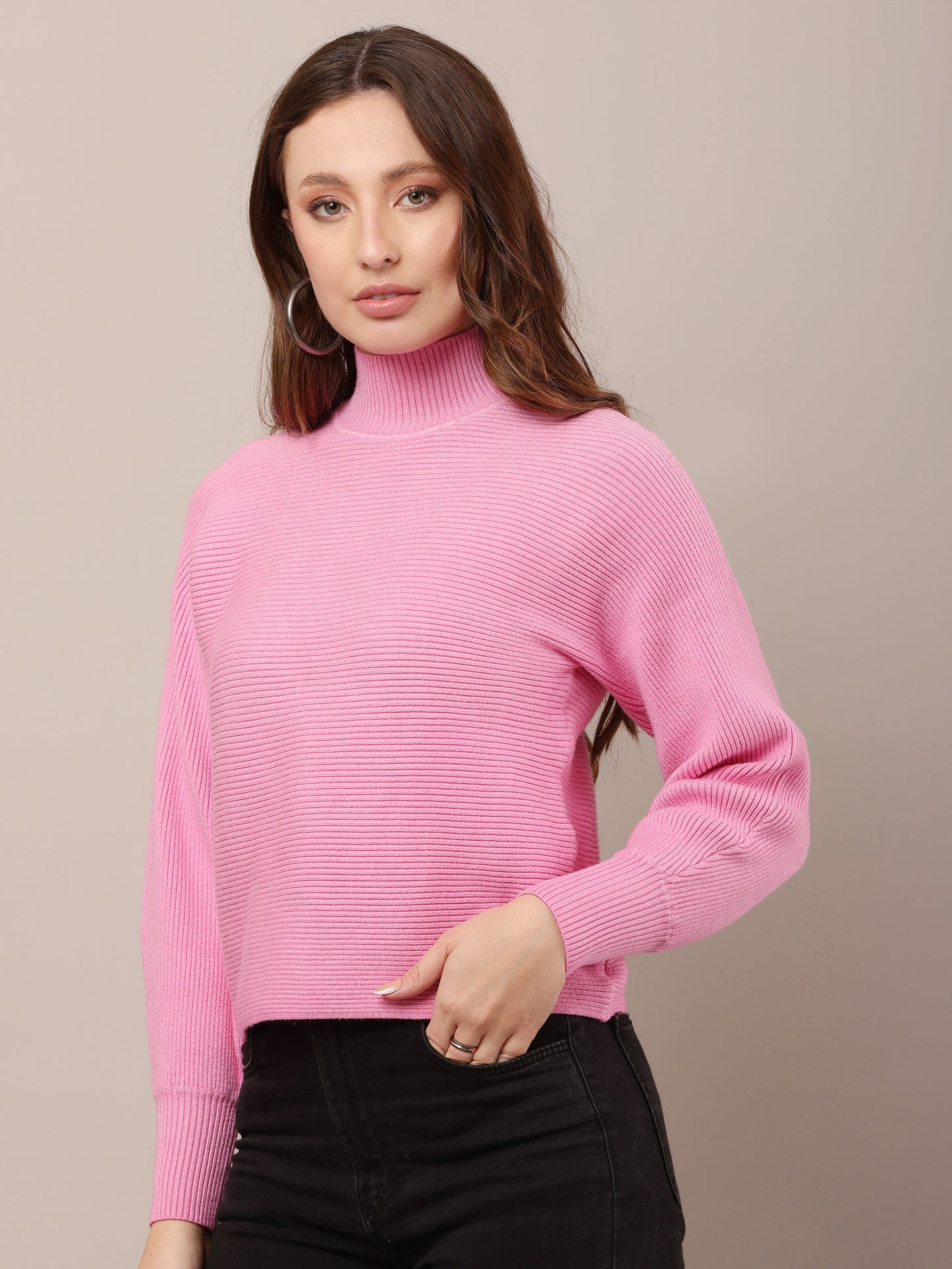 Acrylic Drop-Shoulder with full sleeve high neck pink sweater