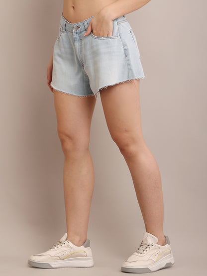 Cotton Light-Wash Distressed Denim Shorts